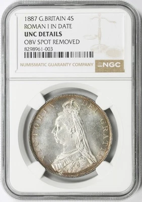 Florín doble de plata Romano I 1887 Gran Bretaña en fecha NGC sin circular detalles KM#763 Foto 1 de 4