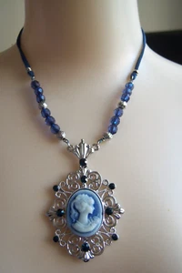Lia Sophia Picture Perfect Blue Cameo Silver Tone Necklace 18" Bead Leather Rope - Picture 1 of 3