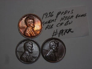 wheat penny AU/AU+ 1936,1936d,1936s SET OF 3 LINCOLN CENTS 1936-p,1936-d,1936-s - Picture 1 of 3