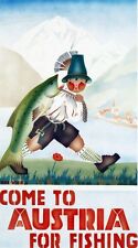 Vintage Illustrated Travel Poster CANVAS PRINT Austria Fishing 8"X 12"
