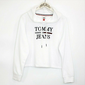 Tommy Hilfiger Sweatshirt Womens Medium White Crop Hoodie Logo Flag Pullover Top