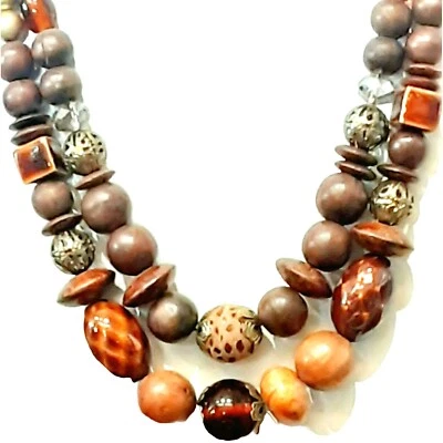 COOKIE LEE 🍪12"L Collar 2"3/4L Pendientes Madera Vidrio Antiq Tono Dorado Metal Ju1 Foto 1 de 4