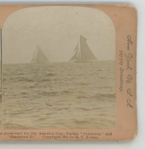Great Race for Cup Yachts Columbia & Shamrock American Stereoscopic Stereoview - Picture 1 of 3