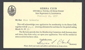 Solicitud y cuotas de membresía de The Sierra Club 1957 San Francisco CA - Imagen 1 de 1