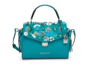Michael Kors Bristol Floral Applique Satchel TILE BLUE & Silver Small - Picture 1 of 12
