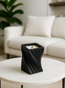 Luxury Black Sculptural Candle – Sandalwood Santal – Soy Wax with Wooden Wick - Picture 1 of 8