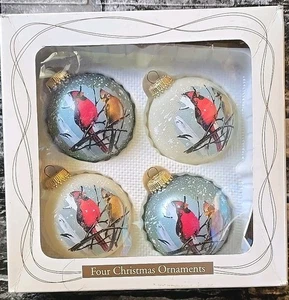 Christmas by Krebs Ornaments CARDINALS Glass Round Winter Set of 4 Frosted - Picture 1 of 12