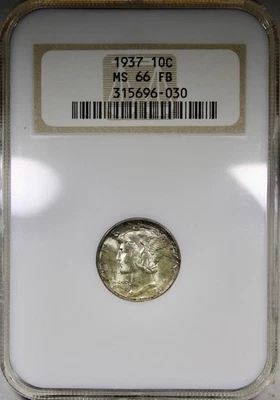 1937-P Mercury Dime NGC MS66FB Toned Color Gem OLD FATTY HOLDER - Image 1 of 4