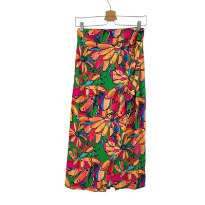 Anthropologie Farm Rio Getaway Midi Skirt Tropical Print Green Pink Size Small Foto 1 de 4