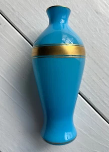 Vintage Opalescent  Turquoise Glass Vase 6" Gilt Bands Wide Top 1960”s - Picture 1 of 7