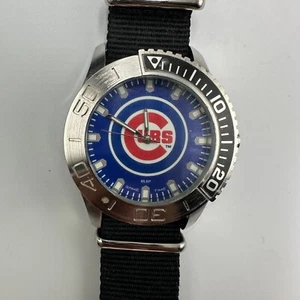 Chicago Cubs Watch Men Silver Tone Round Dial 44MM Black Band Game Time Working - Picture 1 of 11