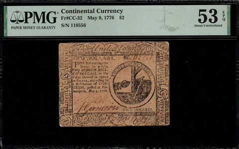 Continental Currency - CC-32 - May 9, 1776 $2 - Graded PMG 53 EPQ Cover