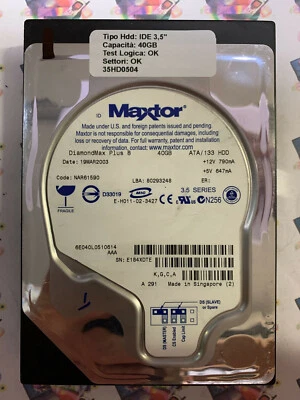 Hard Disk Usato IDE 3,5" 40GB MAXTOR 6E040L0 6E040L0510614 NAR61590 16 MAR 2003 - Immagine 1 di 4