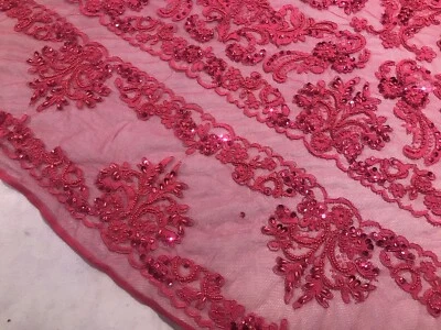 Pink Corded Embroidery Sequins Beads Bridal Lace Fabric 50” Width 1 Yard - Image 1 of 4