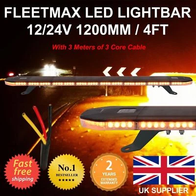 LED Amber Beacon Light Bar Strobe Recovery Warning 120cm 1200mm 1.2m 48" 12v 24v - Image 1 of 4