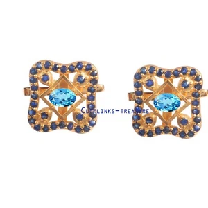 Natural Blue topaz & Sapphire Stone 925 Sterling Silver Gold Plated Cufflinks #4 - Picture 1 of 3