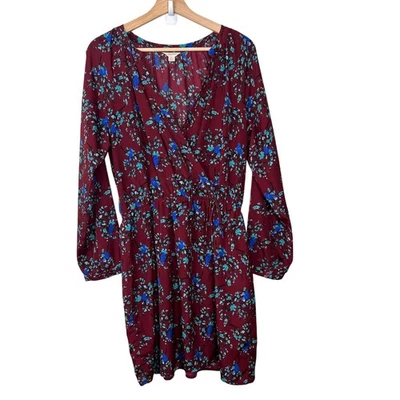Lucky Brand Women's Size Large Long Sleeve Faux Wrap Dress Bird Print Burgundy - Image 1 of 4