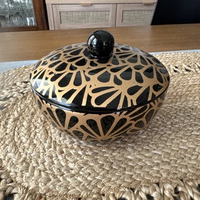 Moody Maximalist Hollywood Regency Art Deco Black And Gold Covered Trinket Bowl - Image 1 of 4