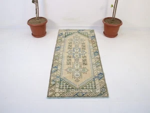 Vintage Handgeknüpfter Akzent Teppich Beige Blau Tribal Geometrisch Kreuz Motive 2,4x5,5 - Bild 1 von 12