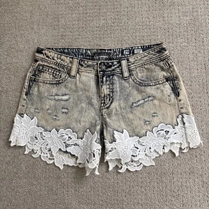 Miss Me Jeans Signature Shorts Damen 29 Mid-Rise Spitze Blumen Vintage 83 Blau - Bild 1 von 9