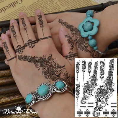 DELUSION TATTOOS HENNA TEMPORÄRES TATTOO, MEHNDI HAND, SPITZE, ARABISCH, SCHWARZ ODER WEISS, DAMEN, BRAUT