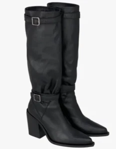 Zara Women’s Srpls Black Real Leather Buckle Boots Size US 8 EUR 39 NWT - Picture 1 of 12