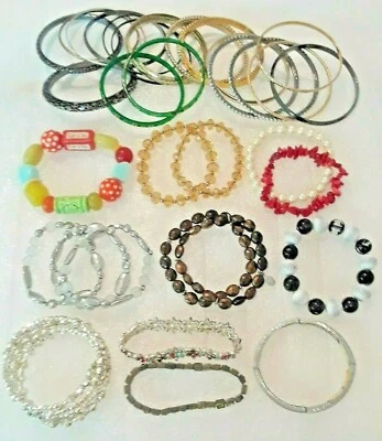 rhinestone bangle bracelets, gold tone, green glass, crystal, beaded stretchy 36 - Image 1 of 4