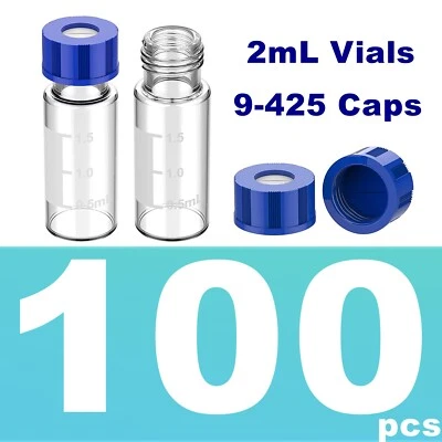 100pcs Autosampler Vials+Pre-slit Caps 9-425 Screw Top Clear Glass Bottle HPLC - Image 1 of 4