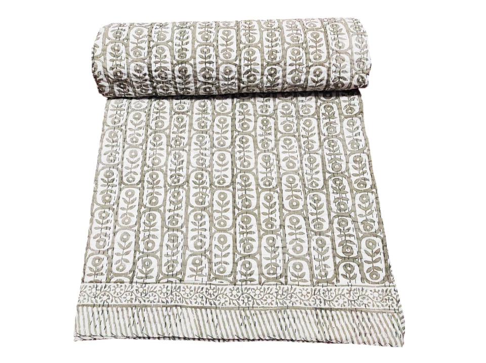 Block Print Kantha Quilt Cotton Indian Bedspread Handmade Bedding Blanket Throw - Image 1 of 4