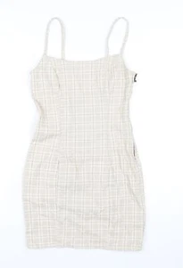 H&M Womens Beige Plaid Cotton Bodycon Size 8 Square Neck Zip - Picture 1 of 10