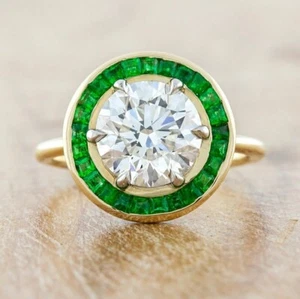 Emerald Halo 1.60 Ct White Round Moissanite Vintage Wedding Ring 10k Yellow Gold - Picture 1 of 6