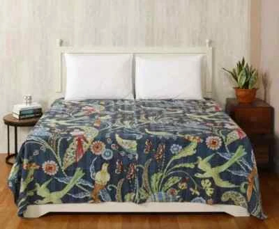 Indian Kantha Quilt Peacock Print Blue 100% Cotton Queen Bedspread ThrowBlanket - Image 1 of 3