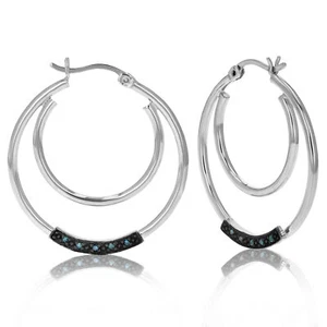 1/20 ct Blue Diamond Hoop Earrings Women .925 Sterling Silver Rhodium 1.25 Inch - Picture 1 of 5