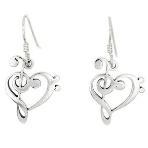 Sterling Silver Love Music Treble Bass Clef Heart Dangle Earrings - Picture 1 of 2