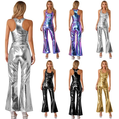 Damen Nacht Party Outfits Slim Fit Tanktop mit Schlaghose Metallic Clubwear - Bild 1 von 3