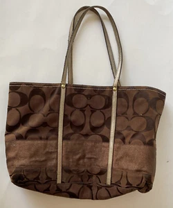 Coach dark Brown Canvas Leather Stripe Tote Handbag Shoulder Purse GO767- PreOwn - Bild 1 von 4