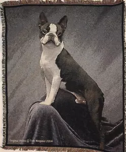 Brand New `BOSTON TERRIER-Tom Weigand` DOG WOVEN Tapestry Throw Blanket - Picture 1 of 6