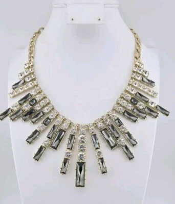 WHBM Gold Tone Clear & Black Sparkling Rhinestone Bib Statement Necklace - Image 1 of 4