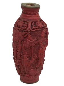Vtg Coral Cinnabar Snuff Bottle 3” Red Carved Asian Art No Lid Vase Bottle Decor - Picture 1 of 11