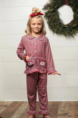 Conjunto de pijama lounge xadrez Natal feminino com bolsos e babados de Papai Noel tamanho 5/6 unidades - Imagem 1 de 4