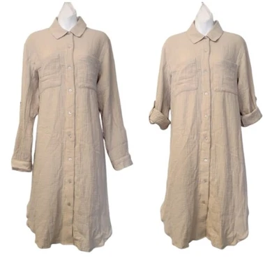 NUEVO CON ETIQUETAS $168 Magaschoni 100% Algodón Orgánico Camisa Vestido Mangas Enrolladas Talla: M Foto 1 de 4