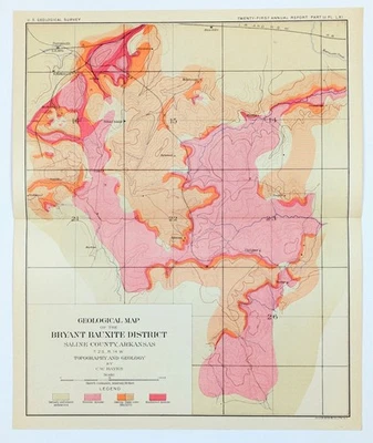 1901  SALINE County ARKANSAS Map ORIGINAL Bryant Bauxite District Perrysmith - Image 1 of 3