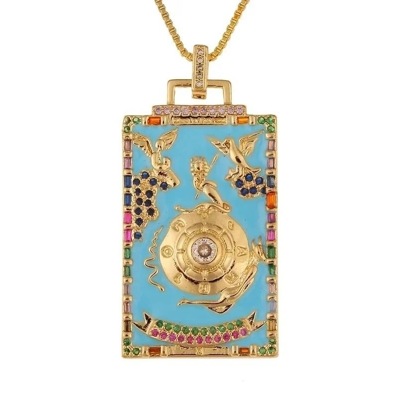 令人惊叹的金色天体塔罗牌吊坠项链蓝色珐琅多宝石 — 第 1/1 张图片