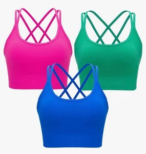 Strappy Women’s Sports Bra Criss Cross Seamless Workout Fitness 3 Pack Large - Picture 1 of 6