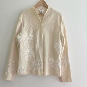 Vintage Talbots Strickjacke Jacke 100% Wolle XL bestickt Blumen Damen cremeweiß - Bild 1 von 12