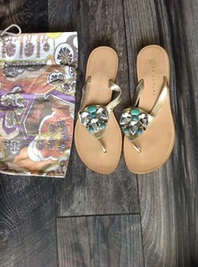 Trina Turk Sandals Flip Flops Gold With Stones 6 M New $258 - Picture 1 of 4