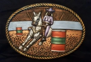 Vintage Chalkware Plaque Wall Hanging Decor Barrel Racer Racing Rodeo Girl Gift - Picture 1 of 9