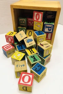 ABC Wooden Alphabet Blocks set of 47 Letters Numbers Pictures Words Schylling - Picture 1 of 4