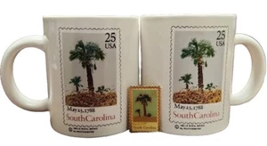 2 1988 USPS 25 Cent South Carolina Stamp Mugs & Pin May 23, 1788 Palmetto Trees - Picture 1 of 6