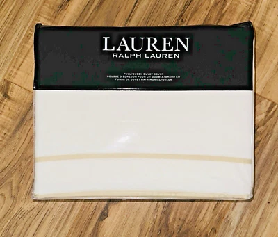 Ralph Lauren Spencer Border Sateen Queen Duvet Cover White Flax Beige $335 MSRP - Image 1 of 2
